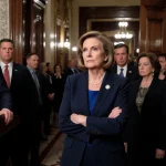 Speaker Mike Johnson addresses crowd with Republicans beside him and frustrated moderates in hallway