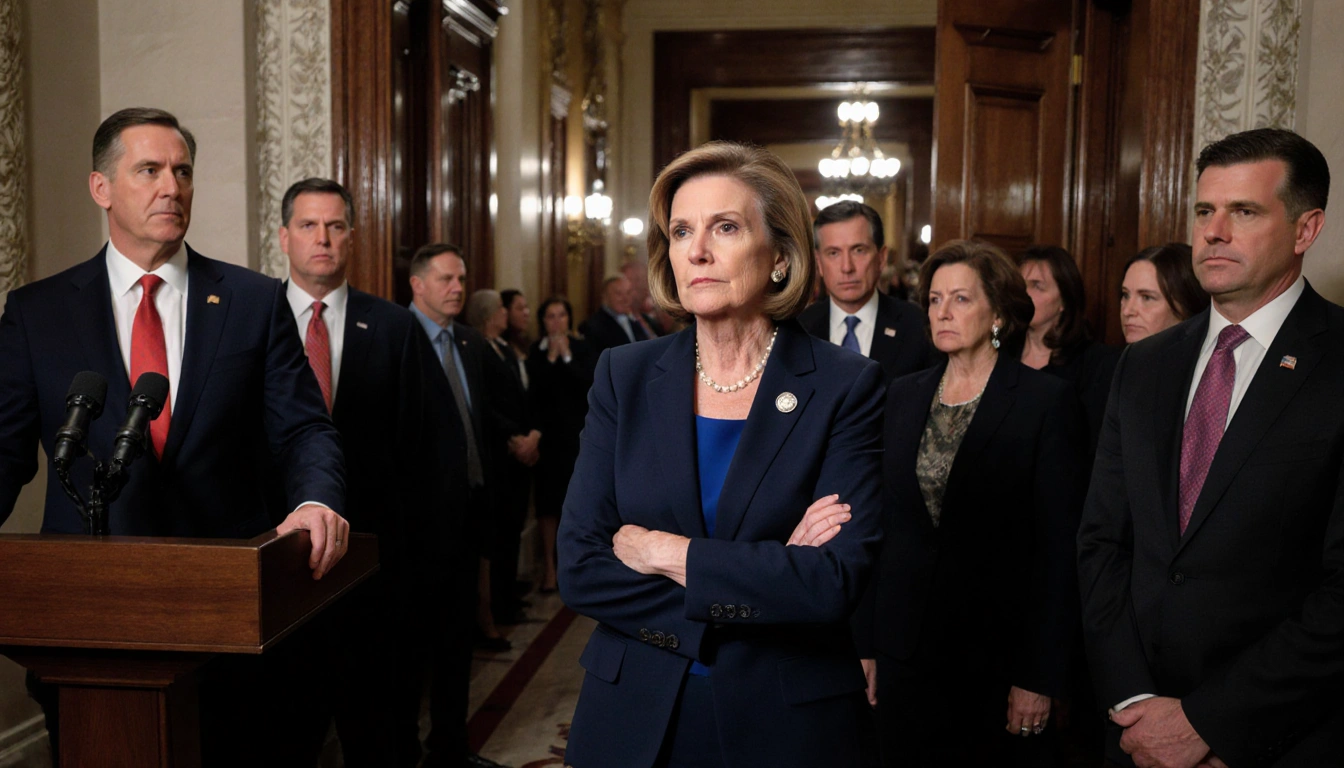 Speaker Mike Johnson addresses crowd with Republicans beside him and frustrated moderates in hallway