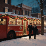Couple stepping out of bright red bus onto snowy sidewalk with holiday lights and Main Street shops in Connecticut.