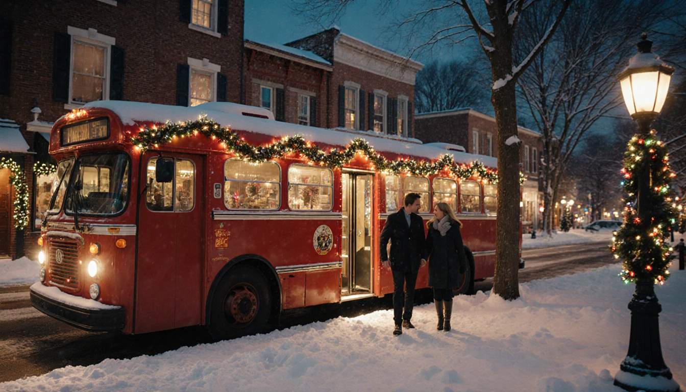 Couple stepping out of bright red bus onto snowy sidewalk with holiday lights and Main Street shops in Connecticut.