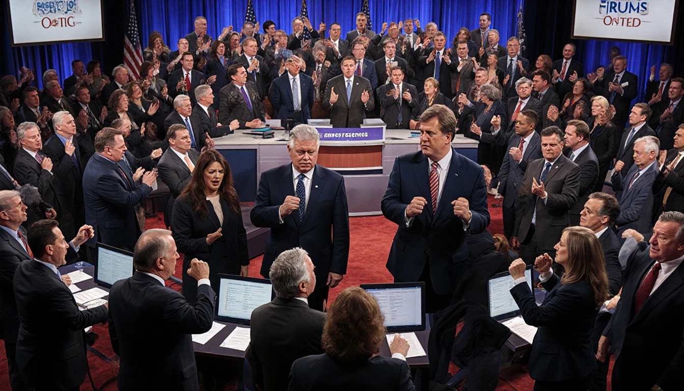 Conservative commentators debating on stage with tense bodies and raised fists in a crowded room.