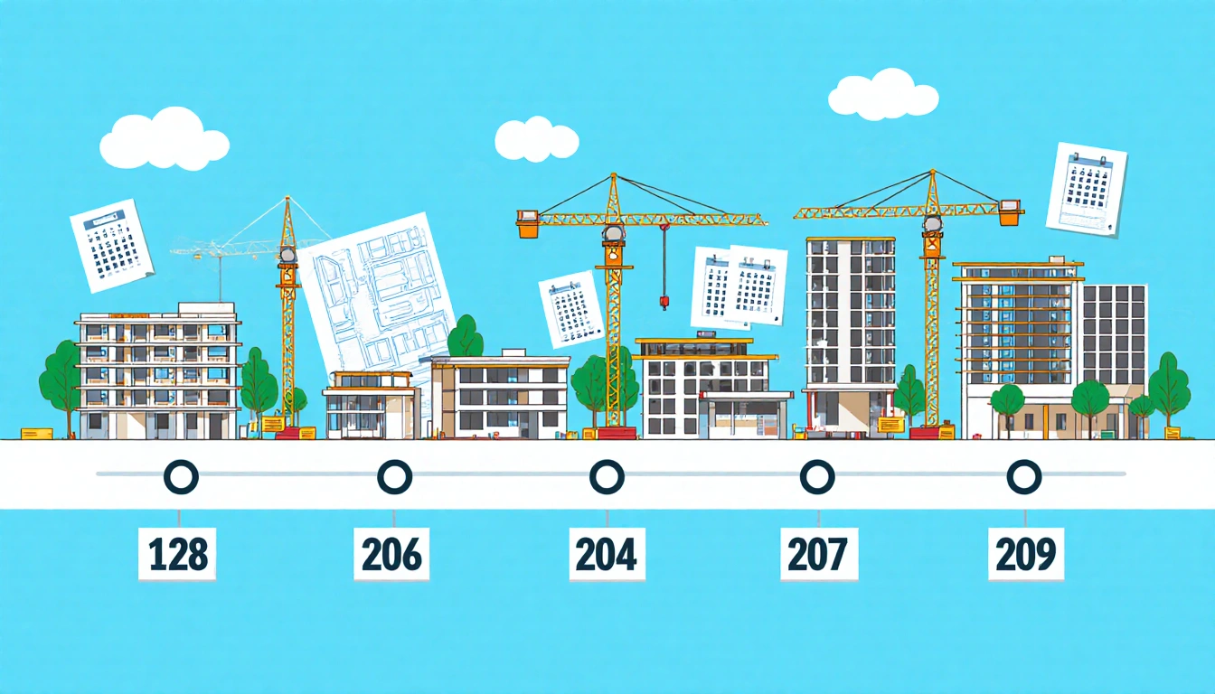 Illustrated construction site showing progress with blueprints and cranes and a 2025-2027 timeline.