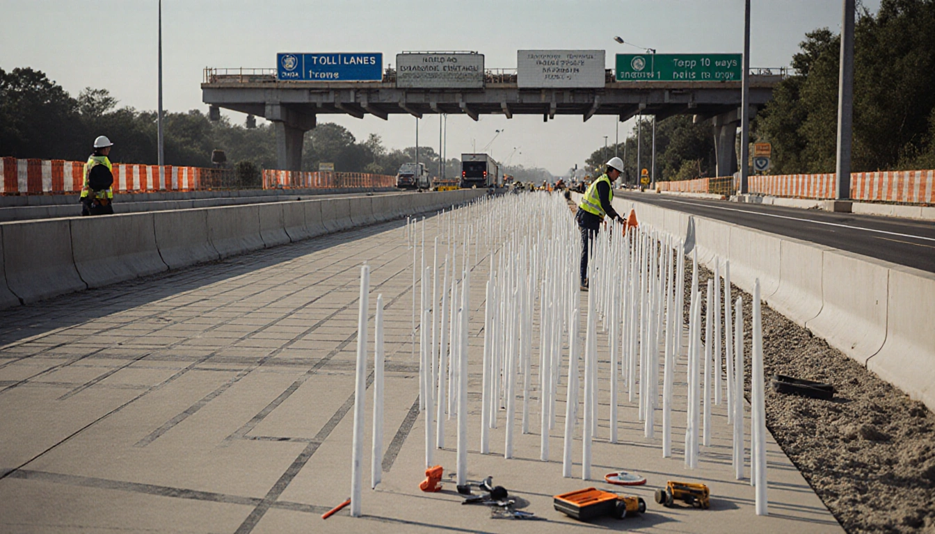 Workers installing white delineator sticks with new toll lanes road background and neat tools nearby