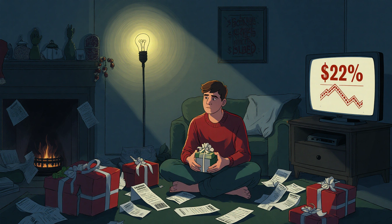 Contemplative consumer sits holding a small holiday gift with dimly lit cluttered room and rising grocery prices on TV