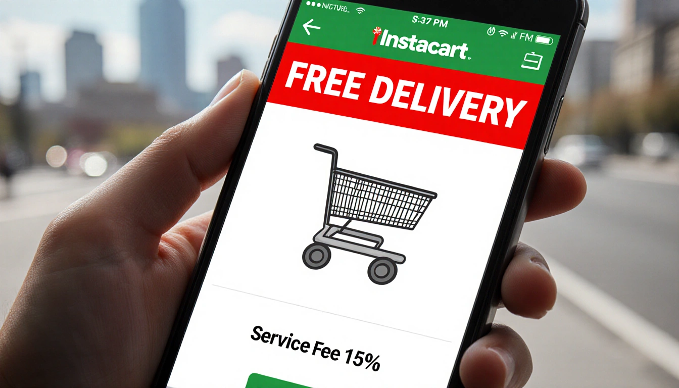 Consumer holding smartphone with Instacart ad featuring bold red free delivery banner and hidden 15% fee text