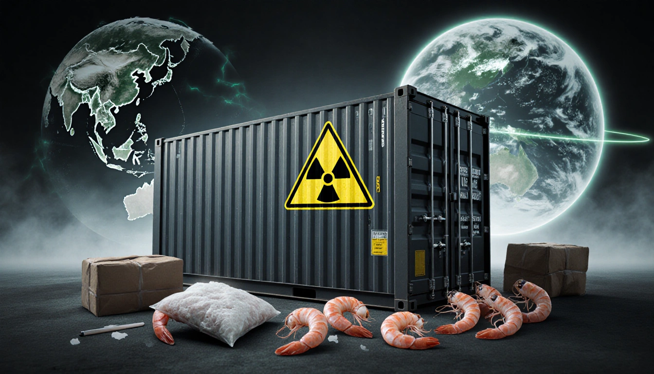 Shipping container with biohazard sign showing frozen shrimp and empty packaging with faint Indonesian map in background