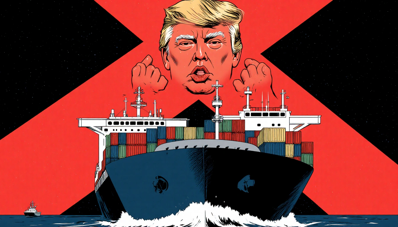 Container ship pushing its bow outward with a halo of red light showing a total blockade and a subtle X-shaped Trump silhouet