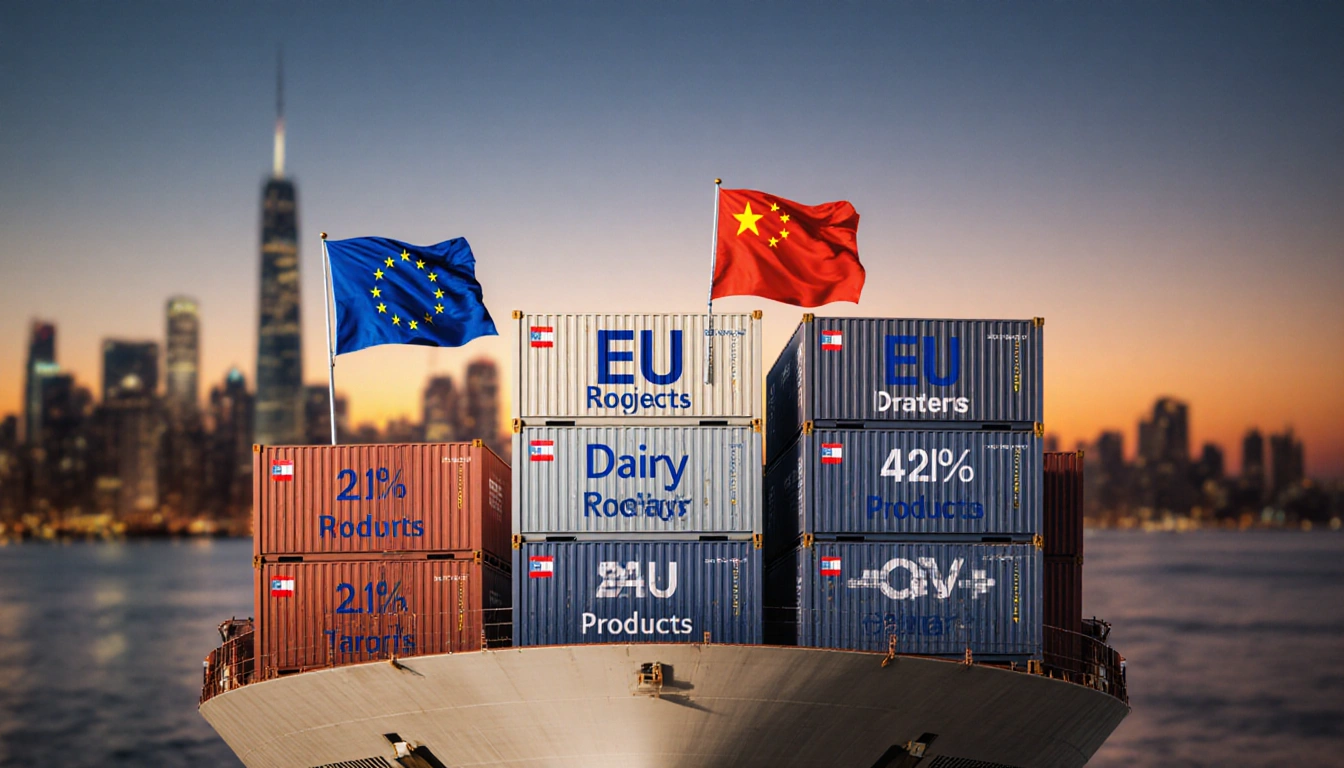 Container ship transporting crates labeled EU dairy products with tariff gradient against sunset cityscape