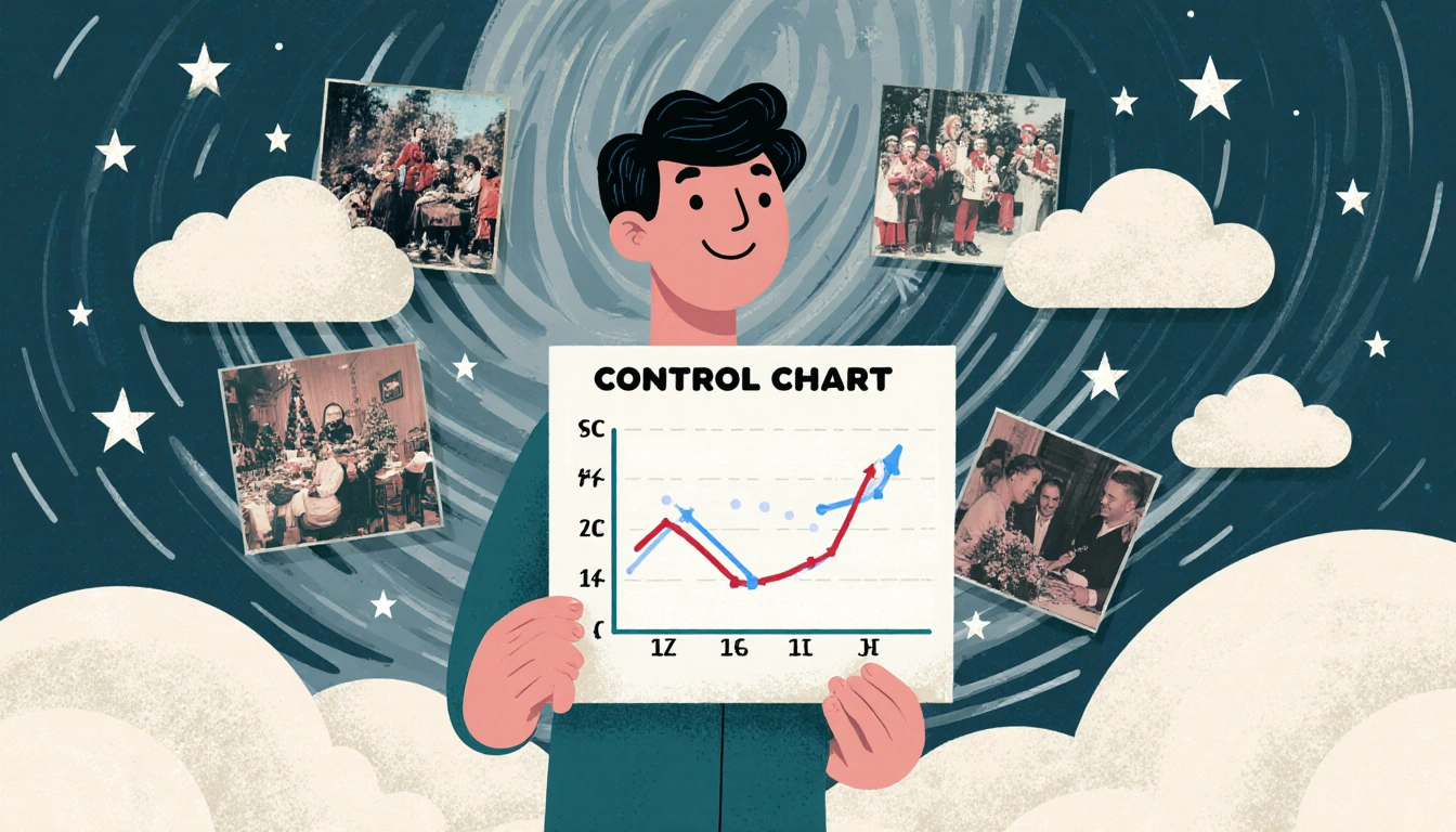 Person holding a control chart with a smile and swirling clouds and stars with nostalgic holiday scenes background calm.