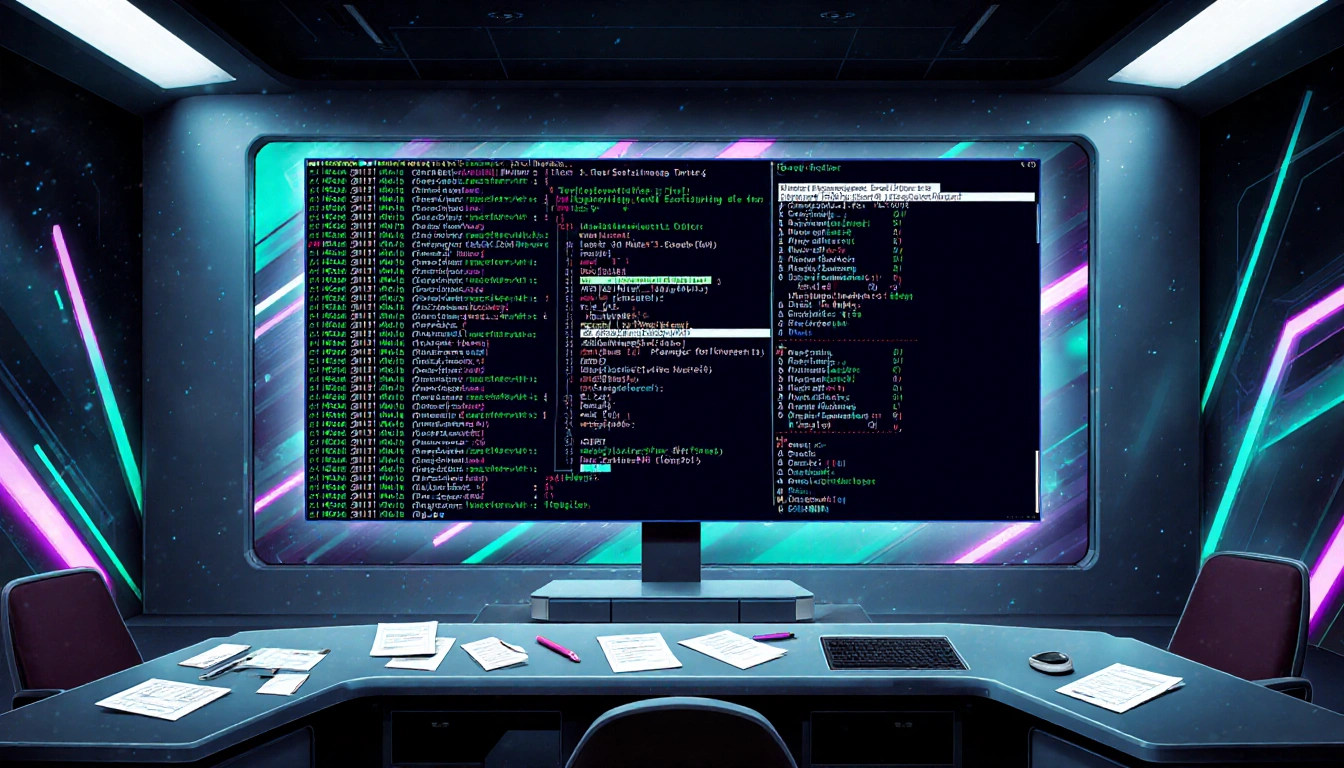 Computer screen showing error messages in a control room with workstations and pulsating lines