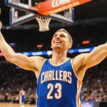 Cooper Flagg celebrating with arms raised and a glow over a blurred basketball court in electric blues and neon oranges.