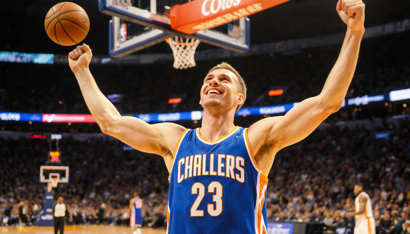 Cooper Flagg celebrating with arms raised and a glow over a blurred basketball court in electric blues and neon oranges.
