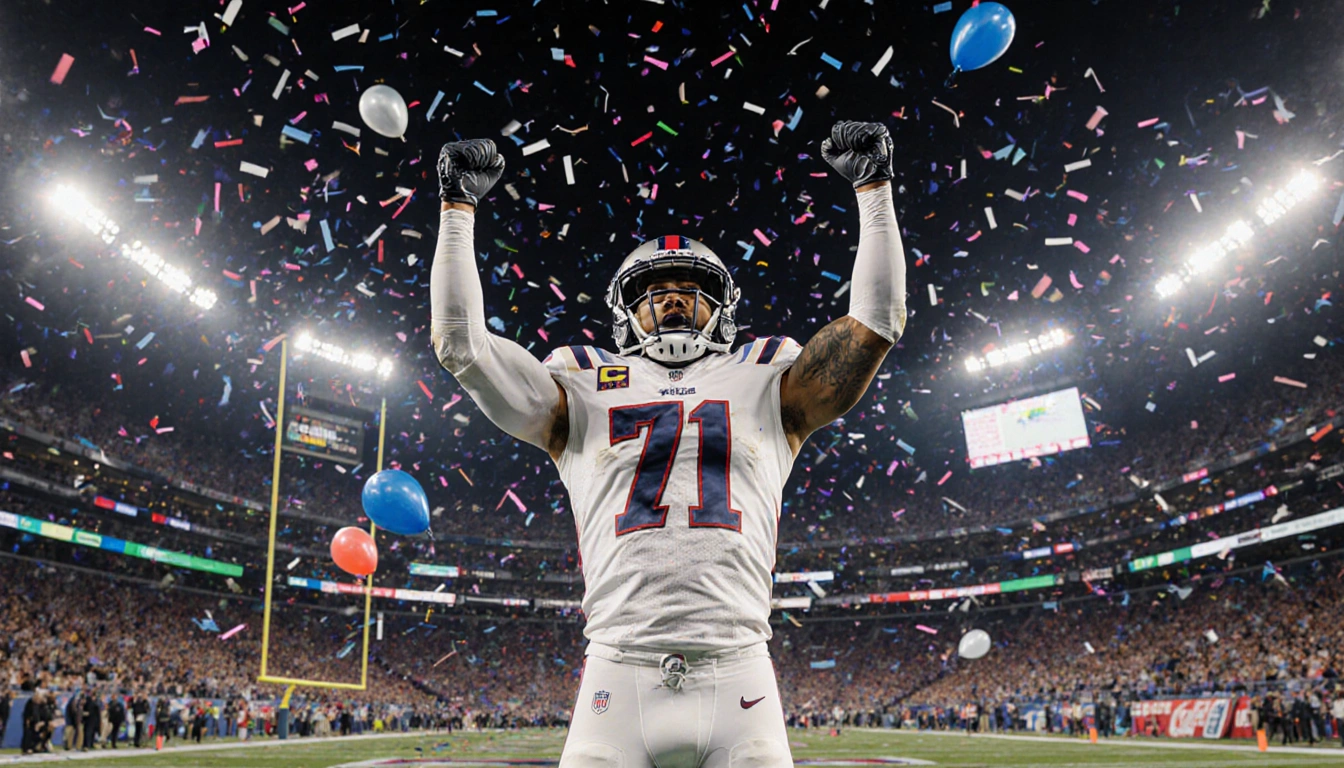 Cooper Kupp celebrating victory with arms raised amid confetti and balloons in a vibrant NFL stadium.