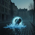 Burst pipe gushing water onto cobblestone with a halo of light and an abandoned street in Copenhagen after a cyberattack.