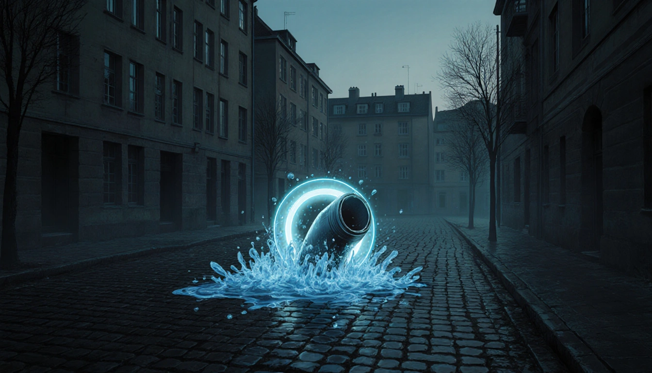 Burst pipe gushing water onto cobblestone with a halo of light and an abandoned street in Copenhagen after a cyberattack.