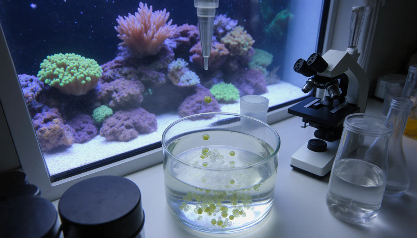 Eggs and sperm are fertilized with microscopes and pipettes near a wall showing coral polyps