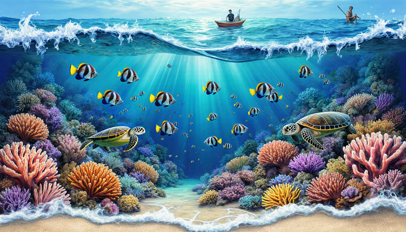 Fish darting through colorful coral reef with sea turtles and divers in background