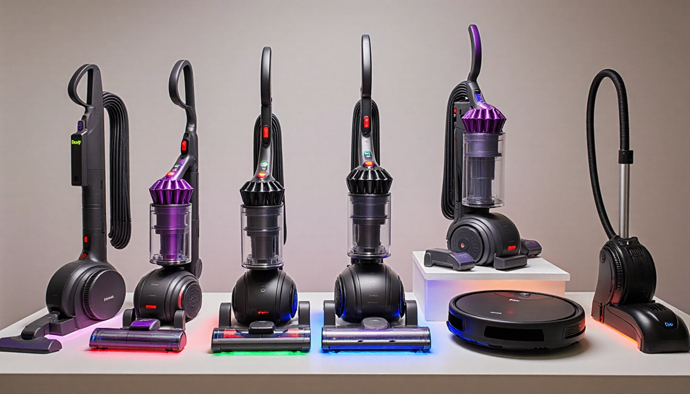 Table showcasing cordless vacuums with soft lighting highlighting LED lights and charging indicators.