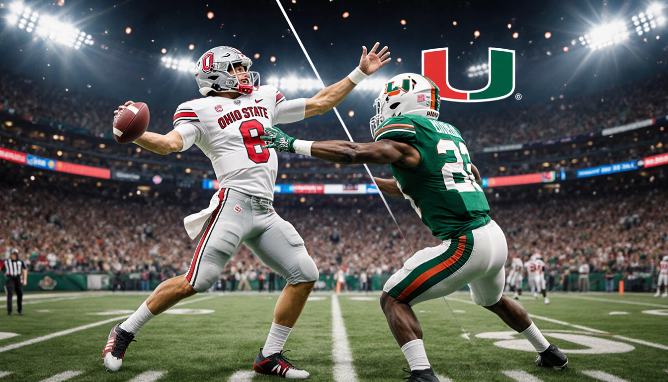 Ohio State player passing ball while Miami defender blocks him against Cotton Bowl stadium backdrop