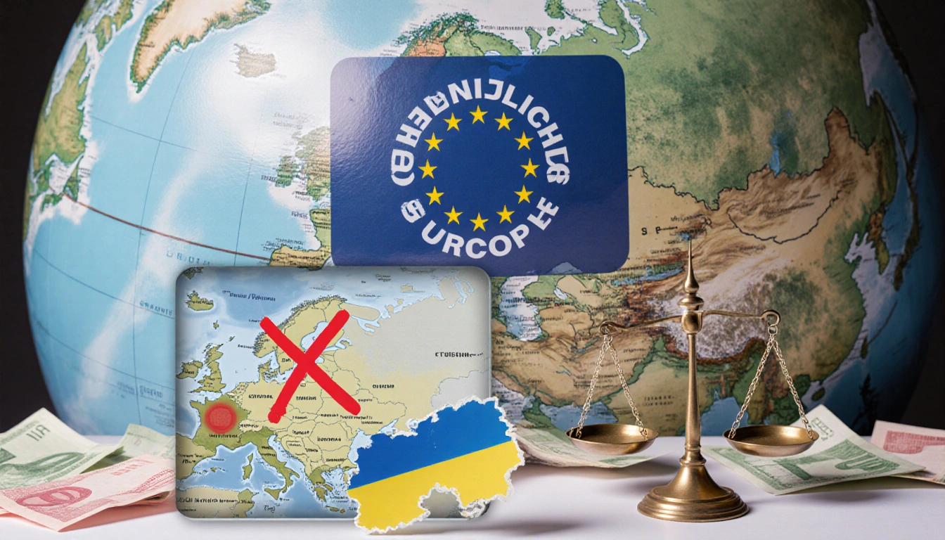 Map of Europe showing Council of Europe seal with scale model and red X marking Russia and broken scales and torn currency