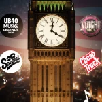 Ornate clock striking midnight with glowing band logos and floating guitar picks celebrating music legends