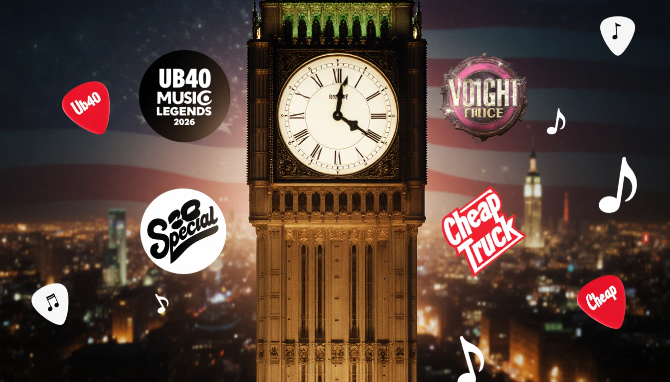 Ornate clock striking midnight with glowing band logos and floating guitar picks celebrating music legends