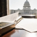 Documents spill from open court file with a worn leather Bible and a Texas map outline near a blurred Capitol building illust