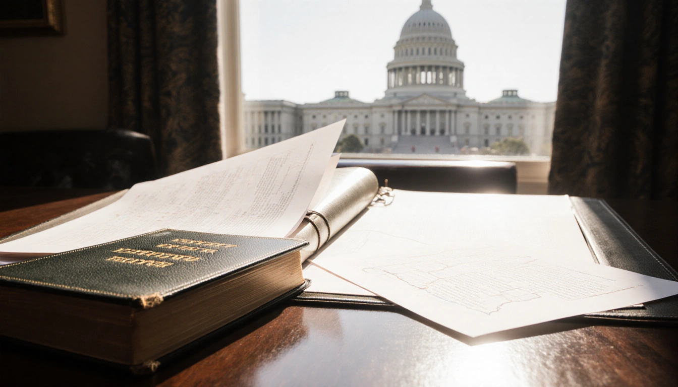 Documents spill from open court file with a worn leather Bible and a Texas map outline near a blurred Capitol building illust