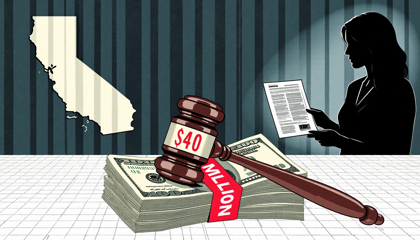 Courtroom gavel rests on stack of dollar bills with $40 million in red ink a California map and woman holding a cancer report