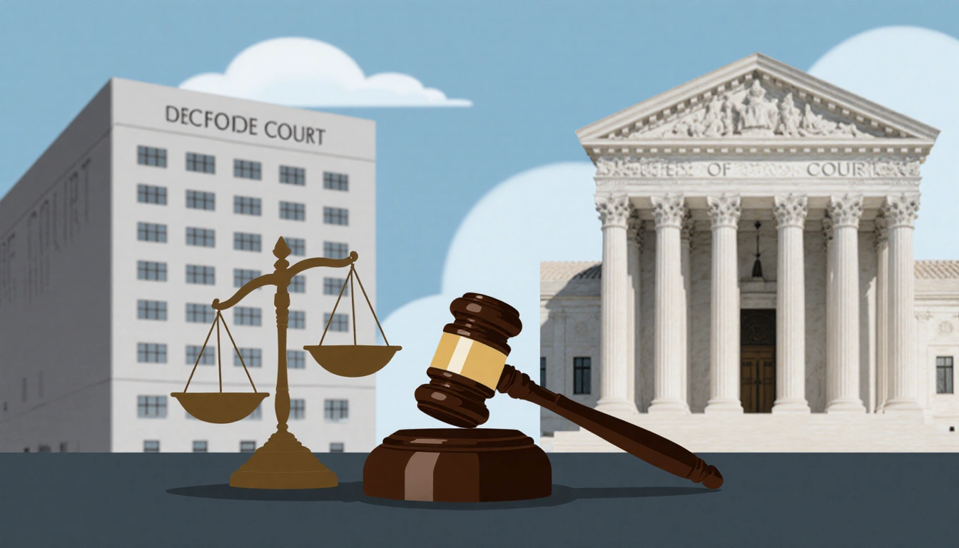 Judge's gavel and scales indicating case transfer with blurred court buildings symbolizing justice