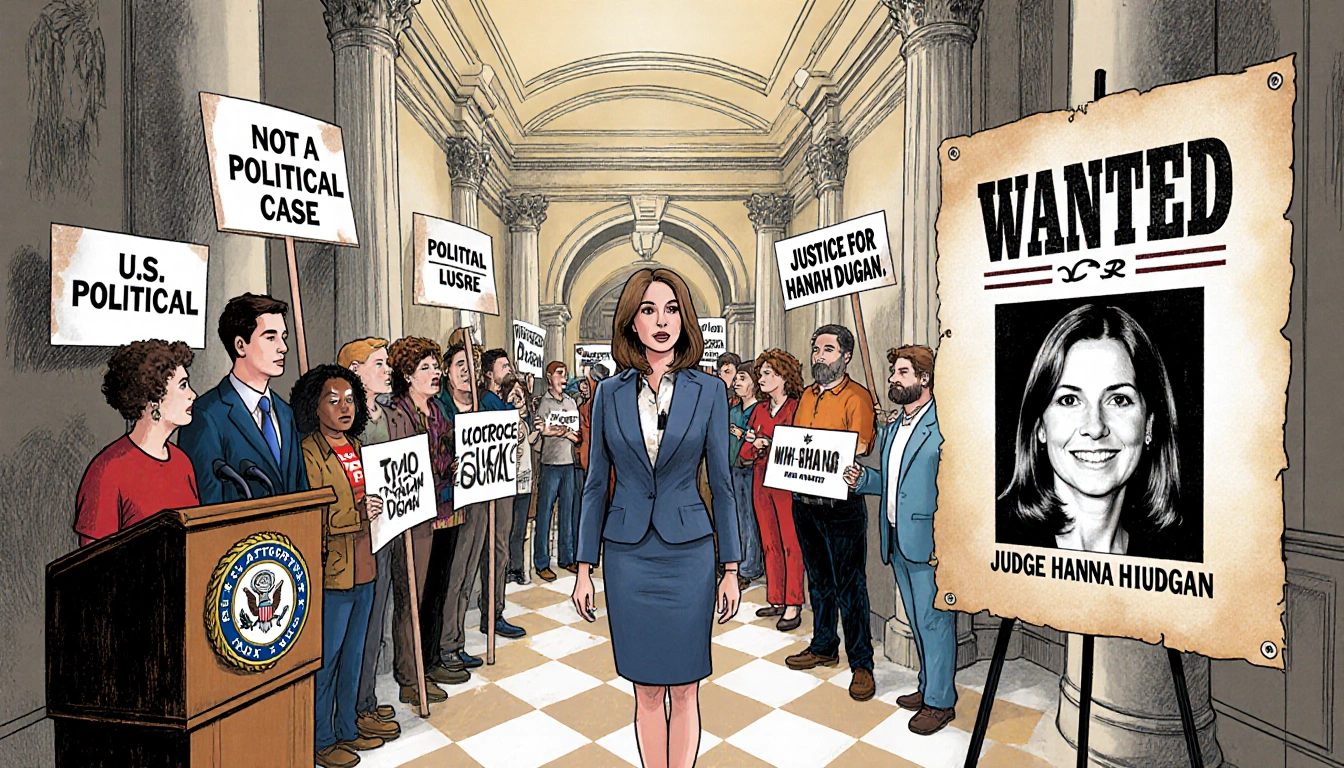 News reporter addressing crowd of protesters in courthouse hallway with U.S. Attorney badge on podium and wanted poster of Ju