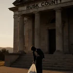 Figure in 1980s clothes examines a sealed evidence bag on courthouse steps with sunset light and a Rusk County sign.