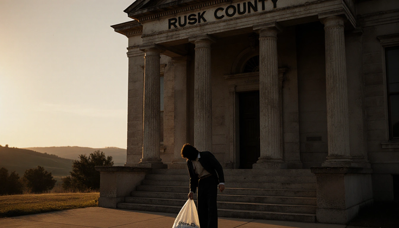 Figure in 1980s clothes examines a sealed evidence bag on courthouse steps with sunset light and a Rusk County sign.