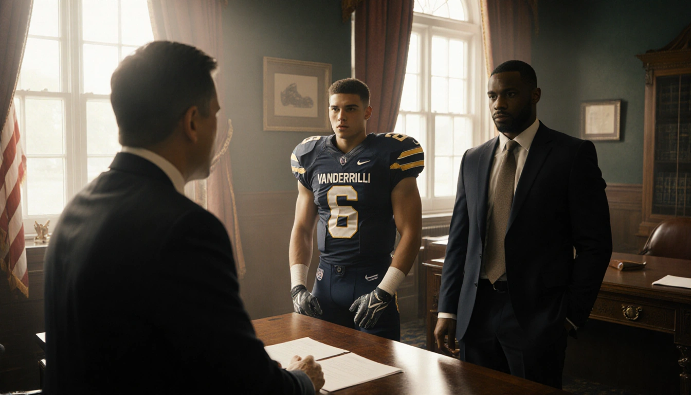 Vanderbilt athlete standing beside lawyer in courtroom with stern NCAA rep and warm natural light