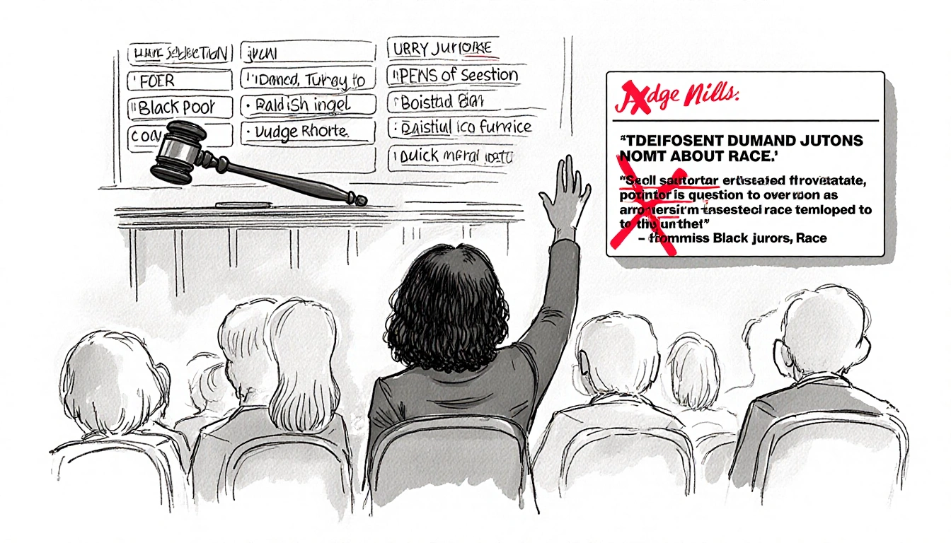 Black juror raising hand with judge's gavel and red X ruling on dismissal of Black jurors in inset