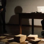 Two figures stare at yellowed documents with a glowing laptop and dim courtroom shadows