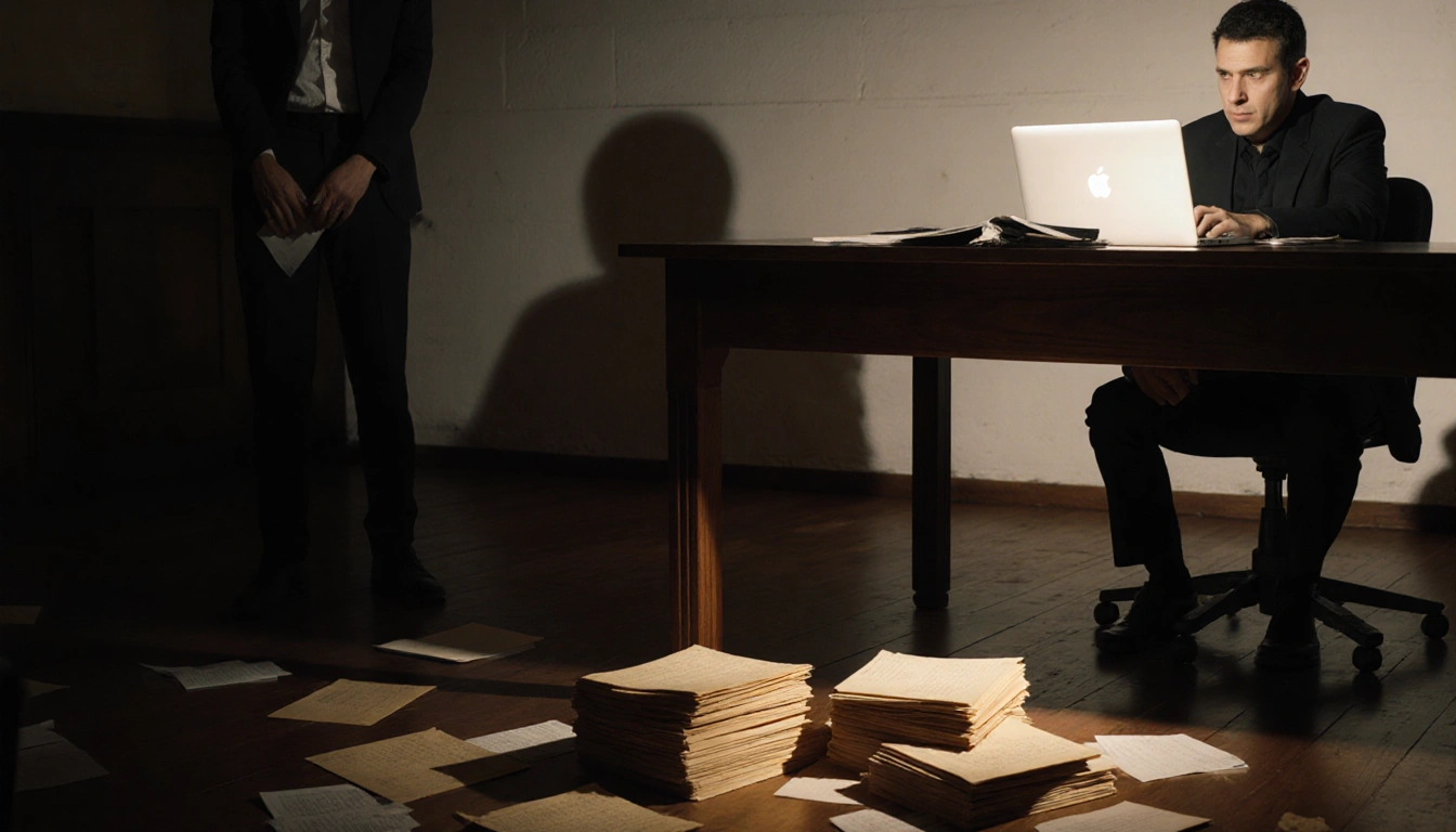 Two figures stare at yellowed documents with a glowing laptop and dim courtroom shadows