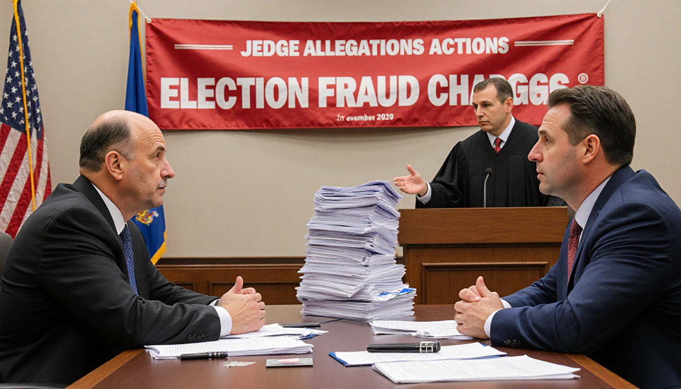 Judge gestures at piles of papers with defendants seated at defense table and red banner hanging overhead with Wisconsin flag