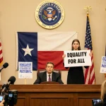 Young person stands confidently with Equality for All sign near Texas flag in courtroom with judge bench