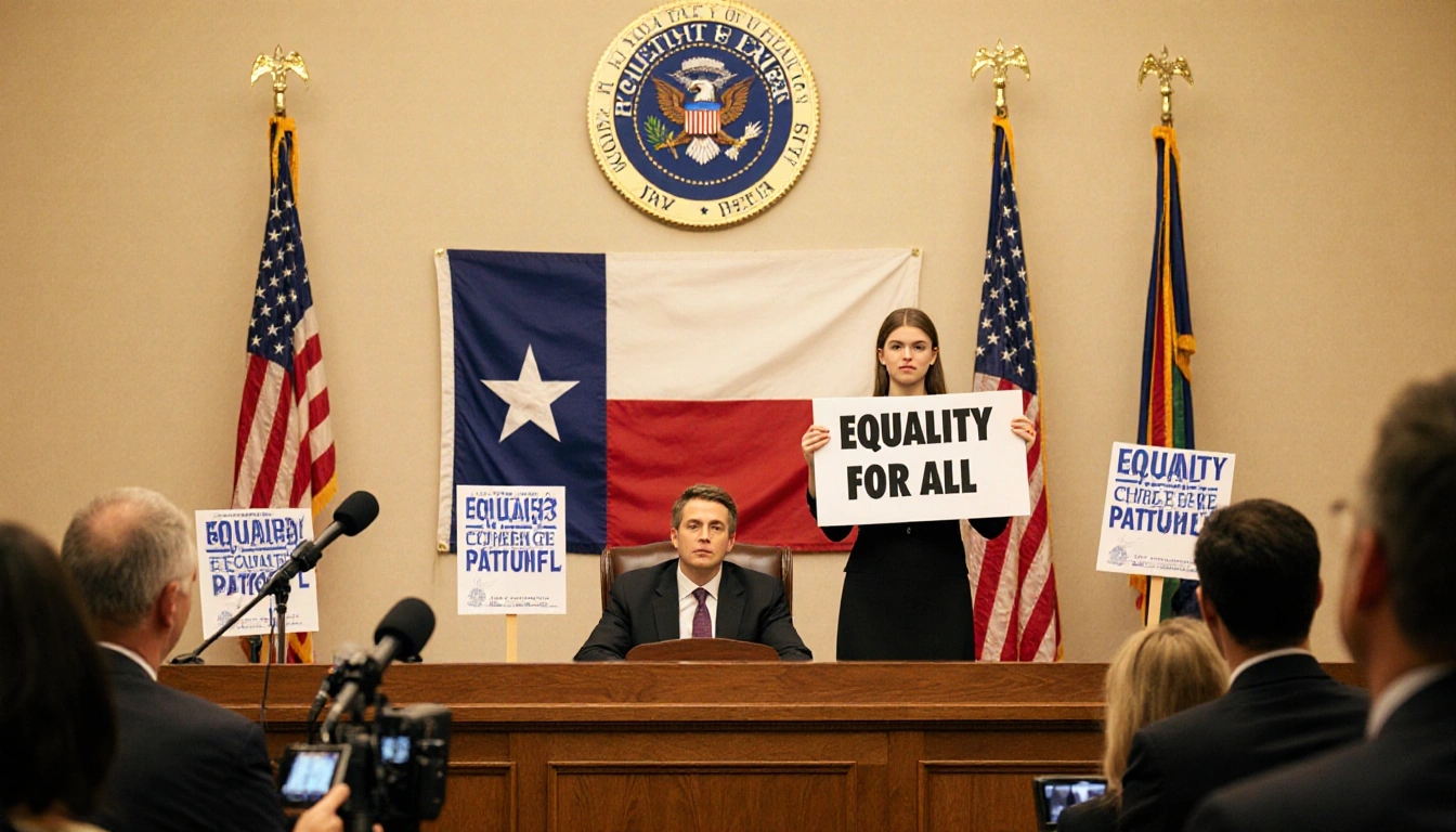 Young person stands confidently with Equality for All sign near Texas flag in courtroom with judge bench
