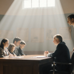 Family sits in dimly lit courtroom with hopeful faces while a lawyer leans over a folder.