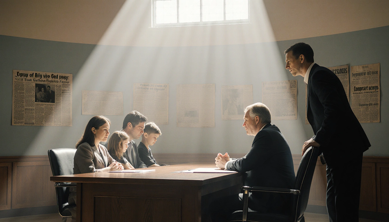 Family sits in dimly lit courtroom with hopeful faces while a lawyer leans over a folder.