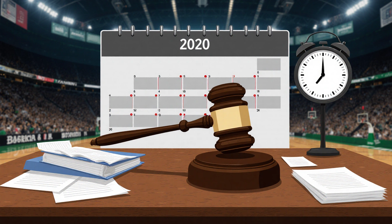 Judge's gavel striking on wooden desk with calendar display and legal papers in a blurred courtroom background hinting NBA