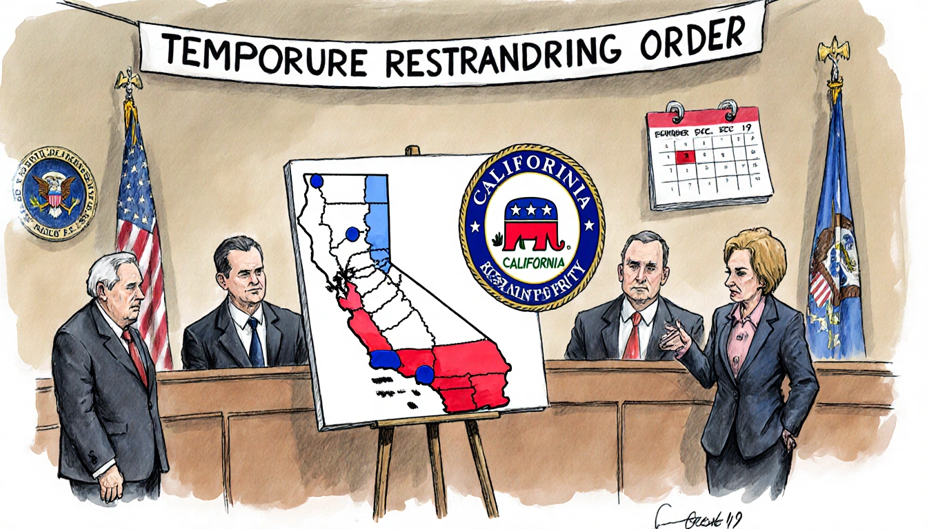 Judges sit in courtroom with California map showing red/blue gerrymandering lines and logos, restraining order banner above.