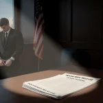Spotlight shines on stack of papers in dim courtroom with handcuffed defendant and American flag