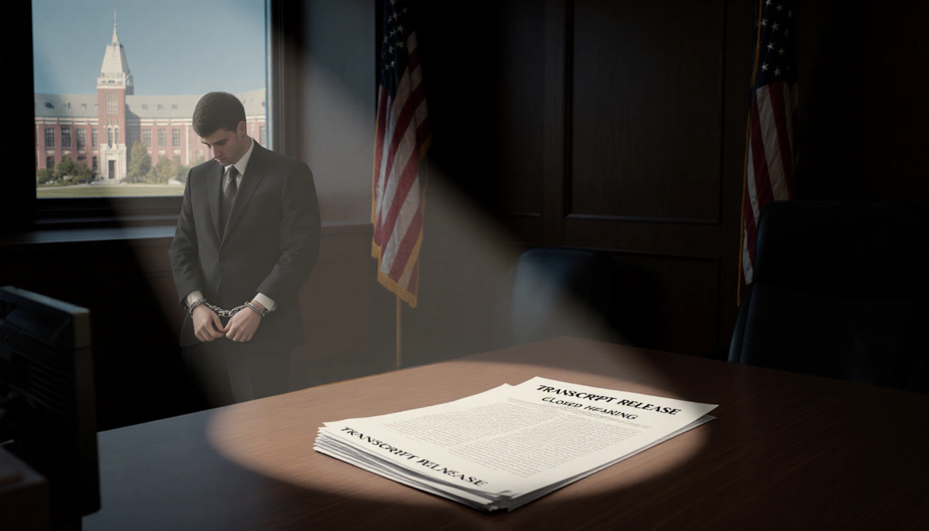 Spotlight shines on stack of papers in dim courtroom with handcuffed defendant and American flag