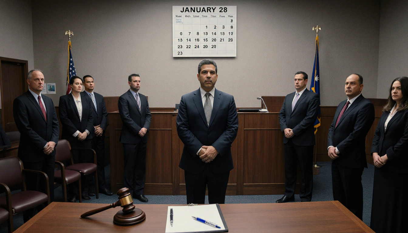 Abrego Garcia standing before the judge with hands clasped and courtroom calendar showing January 28th hearing.