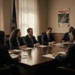Federal employees debate heatedly with papers and pens on the wooden table in a courtroom with a flag and Trump poster