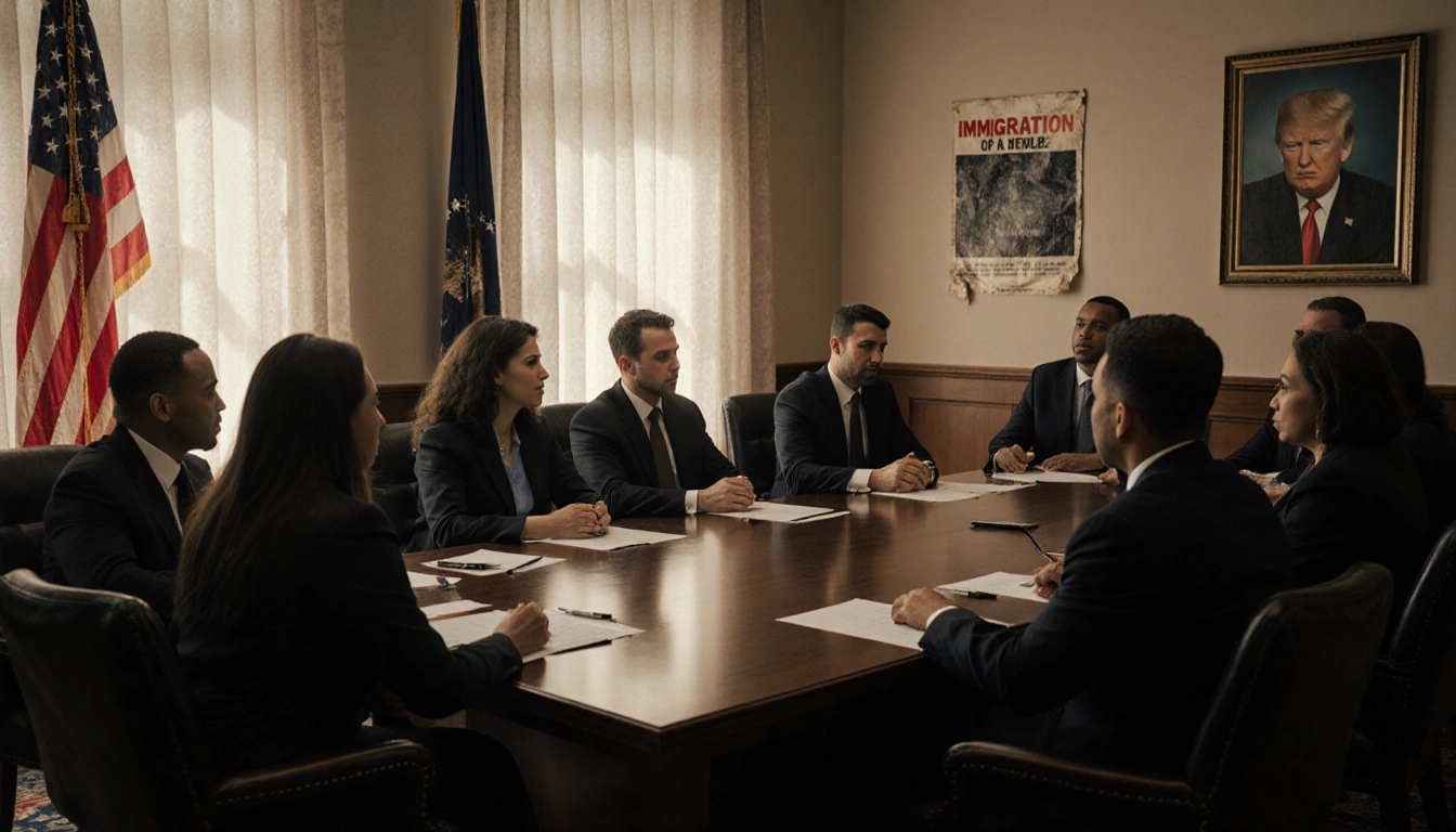 Federal employees debate heatedly with papers and pens on the wooden table in a courtroom with a flag and Trump poster