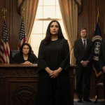 Kilmar Abrego Garcia pleading before stern judge courtroom with golden light pouring through window